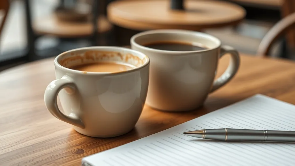 A close up of two coffee cups and a notebook on a cafe table