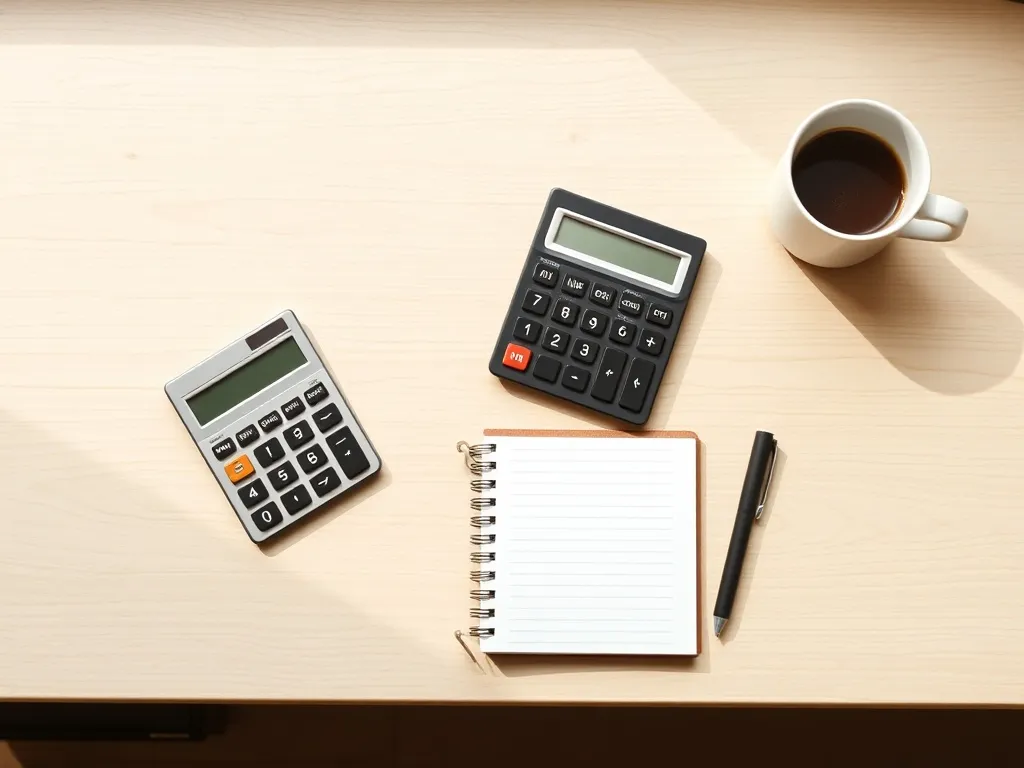 A clean, minimalist workspace with a calculator, a notebook,