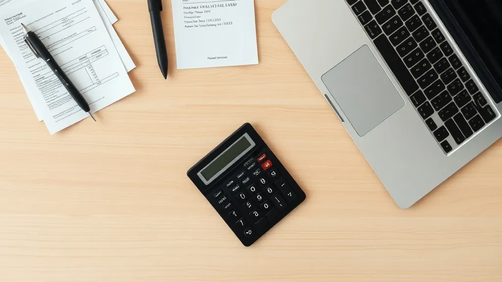A top-down view of a minimalist desk with a calculator, some