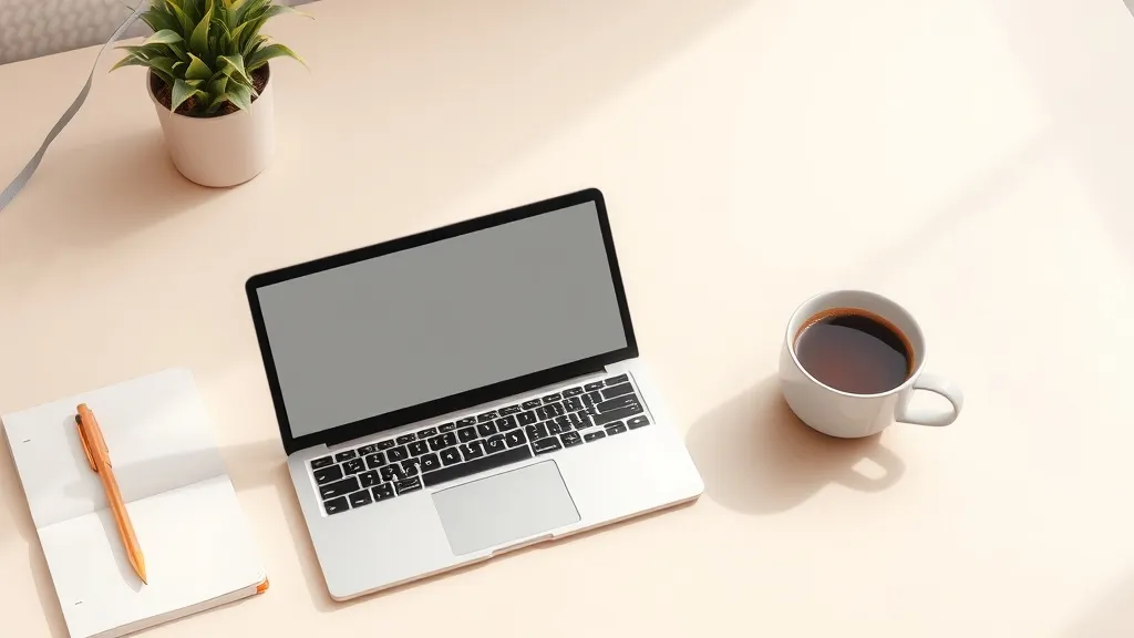 A clean minimalist workspace with a laptop, a notebook, and