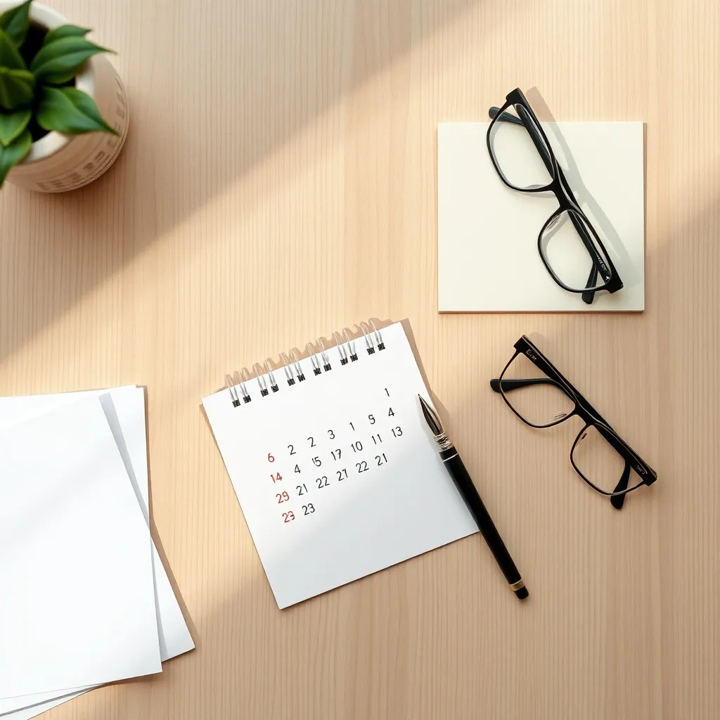 A minimalist overhead shot of a clean wooden desk with a pap