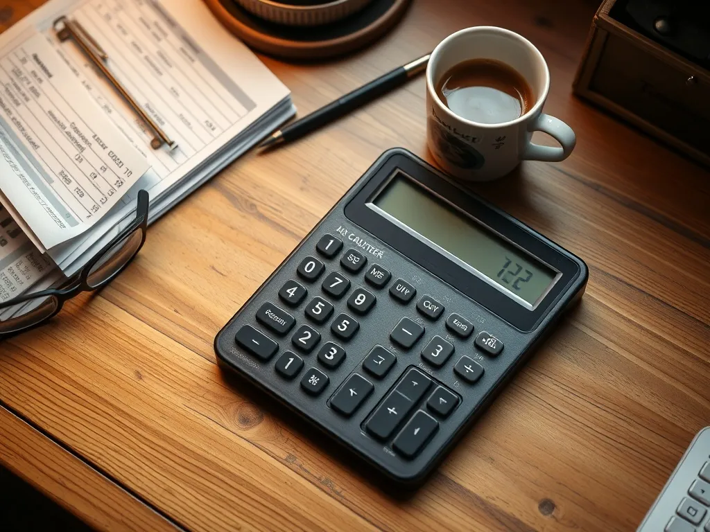 A close-up of a vintage desk with a calculator, some paper r