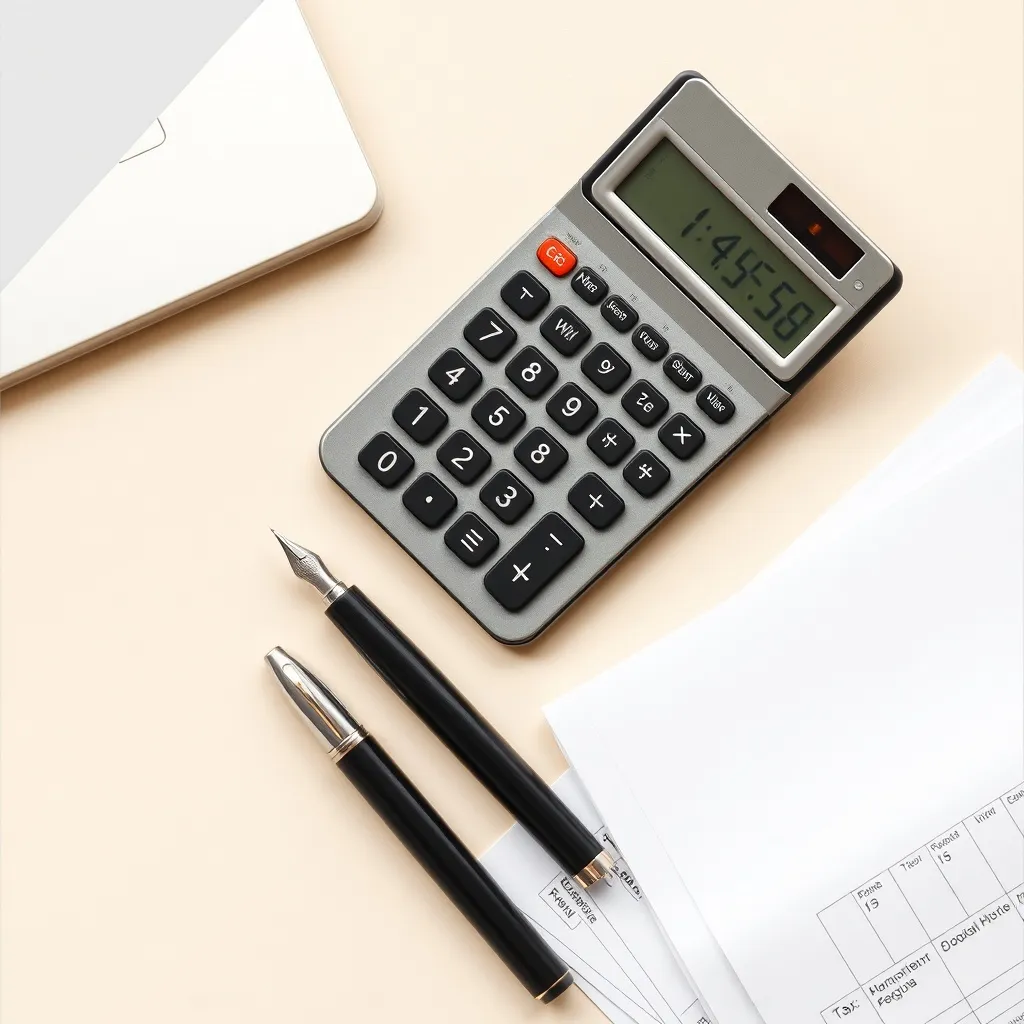 A minimalist aesthetic photo of a calculator, a fountain pen